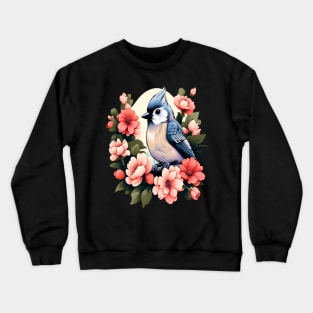 Cute Tufted Titmouse Surrounded by Vibrant Spring Flowers Crewneck Sweatshirt